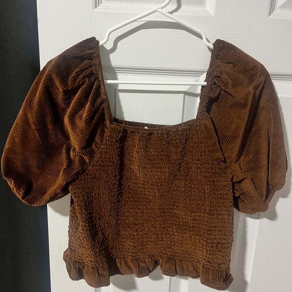 American Eagle Outfitters Brown Corduroy Blouse with Puffed Sleeve